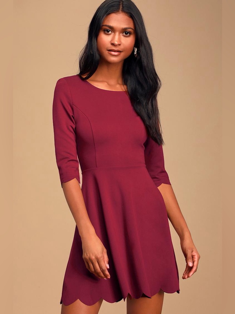 Lulu's Cumulonimbus Burgundy 3/4 Sleeve Scalloped Hem Skater Dress